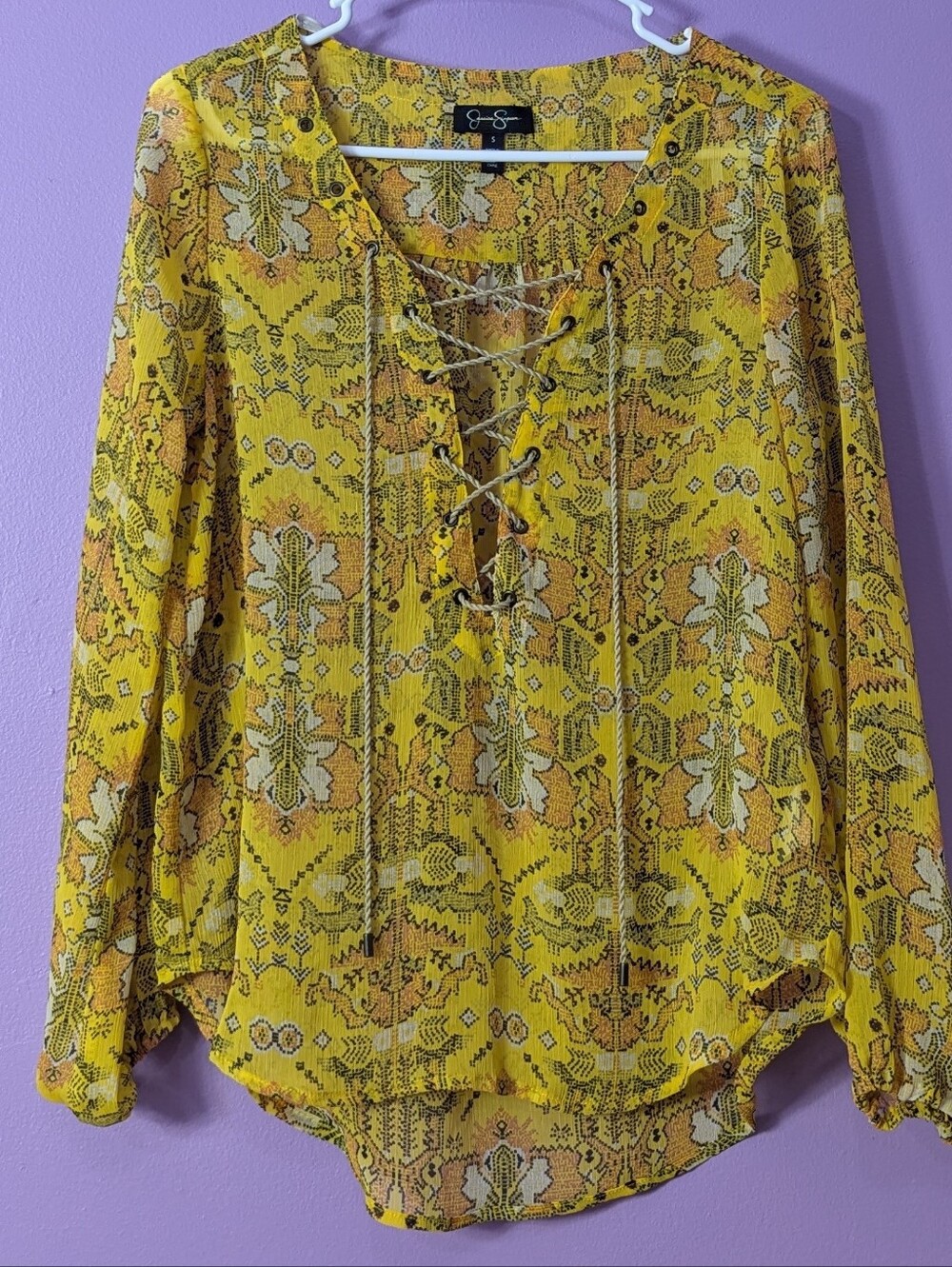 Floral Bohemian Small Long Scrunch Sleeve Lace Up V Neck High Low Blouse
